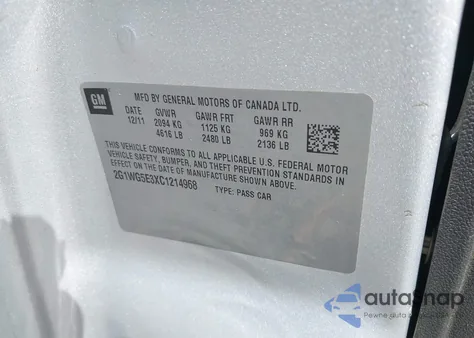 2012 Chevrolet Impala Lt из США, поврежденный, VIN 2G1WG5E3XC1214968